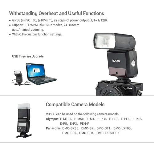  Godox V350O TTL Flash Speedlite LCD Panel 2.4G Wireless Max. 18000s GN36 C.Fn Shoe Mount Camera Flash Slave Photography Light with Li-ion Battery Compatible Olympus Panasonic Came