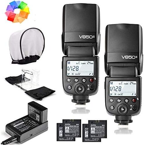  2 Pcs Godox Ving V850II GN60 2.4G 18000s HSS Camera Flash Speedlight with 2000mAh Li-ion Batteries Features 1.5s recycle time and 650 Full Power Pops for Canon Nikon Pentax Olympa