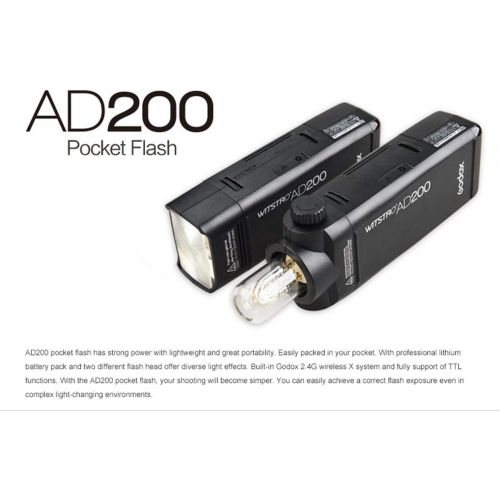  Godox AD200 200Ws 2.4G TTL Speedlite 18000s HSS 2900mAh Battery with Interchangeable Bare Bulb and Speedlite Flash Head for Canon Nikon Sony DSLR Camera with Microfiber Cloth