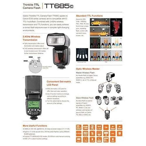  Godox GODOX TT685C Thinklite TTL Camera Flash 2.4GHz High Speed 18000s GN60 Compatible Canon EOS Cameras E-TTL II Autoflash (TT685C)