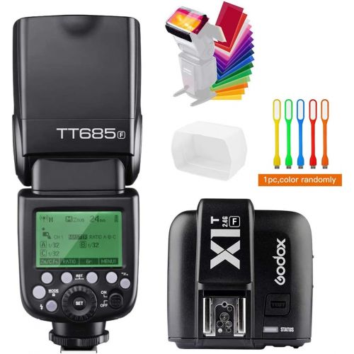  Godox TT685F TTL 2.4G GN60 High-Speed Sync 18000S Flash Speedlite Light+Godox X1T-F Wireless Trigger Transmitter Compatible Fujifilm Camera +Diffuser & Filter +USB LED