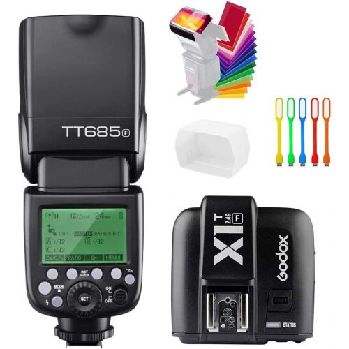  Godox TT685F TTL 2.4G GN60 High-Speed Sync 18000S Flash Speedlite Light+Godox X1T-F Wireless Trigger Transmitter Compatible Fujifilm Camera +Diffuser & Filter +USB LED