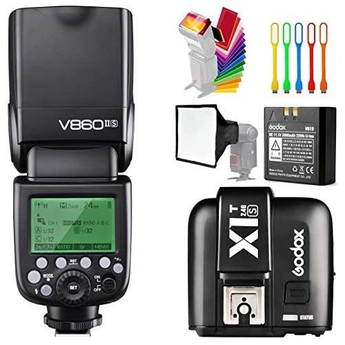  Godox V860II-S High-Speed Sync GN60 2.4G TTL Li-ion Battery Camera Flash Speedlite+X1T-S Wireless Trigger Transmitter Compatible Sony Camera +15x17cm softbox & Filter +USB LED