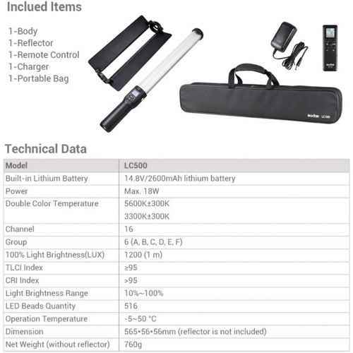  Godox LC500 3300K-5600K Adjustable Handle LED Light Stick Built-in Lithiunm Battery Remote Control + AC Power Charger + Carry Bag