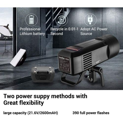  Godox AD400 Pro AD400Pro 400ws GN72 TTL Battery-Powered Monolight, 18000 HSS Outdoor Flash Strobe Light, Built-in Godox 2.4G System, 390 Full Power Pops, 0.01-1s Recycle Time, 30w