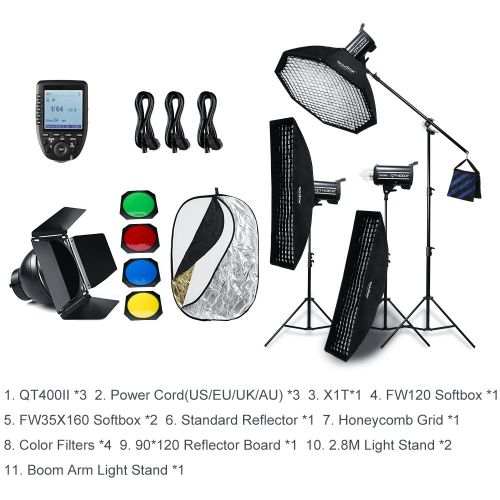  Godox QT400II Built-in 2.4G Wireless X System,High Speed Studio Strobe Flash Light + Xpro-C Trigger Compatible Canon,Softbox,Light Stand, Studio Boom Arm Top Light Stand (110v)