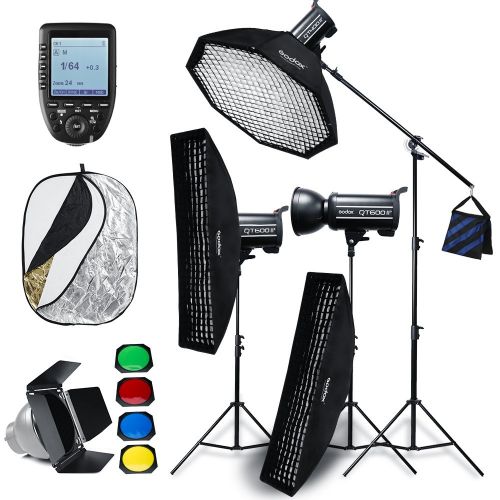  Godox QT600II x3 Built-in 2.4G Wireless X System,High Speed Studio Strobe Flash Light + Xpro-S Trigger Compatible Sony,Softbox,Light Stand, Studio Boom Arm Top Light Stand (110v)