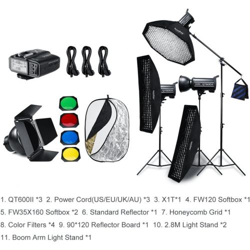  Godox QT600II x3 Built-in 2.4G Wireless X System,High Speed Studio Strobe Flash Light + X1T-O Trigger Compatible Olympus,Softbox,Light Stand, Studio Boom Arm Top Light Stand (110v)