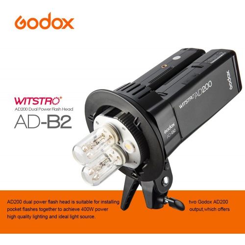  Godox AD-B2 Dual Power Twin Head Bowens Mount to Install 2 Godox AD200 Pocket Flash or Flashpoint eVOLV 200 TTL Modular Strobe Light Together to Achieve 400W Power Output With PERG