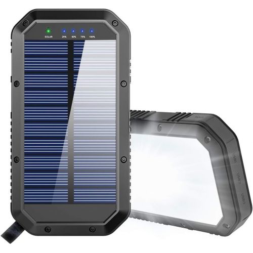  GoerTek Solar Charger, 25000mAh Battery Solar Power Bank Portable Panel Charger with 36 LEDs and 3 USB Output Ports External Backup Battery for Camping Outdoor for iOS Android (Black)