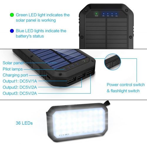  GoerTek Solar Charger, 25000mAh Battery Solar Power Bank Portable Panel Charger with 36 LEDs and 3 USB Output Ports External Backup Battery for Camping Outdoor for iOS Android (Black)