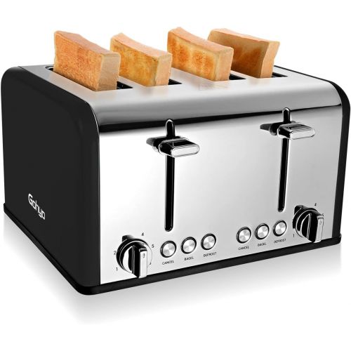  Gohyo 4 Slice Toaster 100% Stainless Steel with Wide Slots & Removable Crumb Tray for Bread & Bagels（4 Slice,Black）