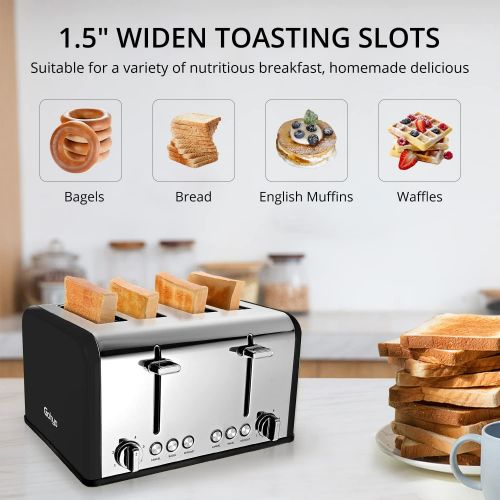  Gohyo 4 Slice Toaster 100% Stainless Steel with Wide Slots & Removable Crumb Tray for Bread & Bagels（4 Slice,Black）