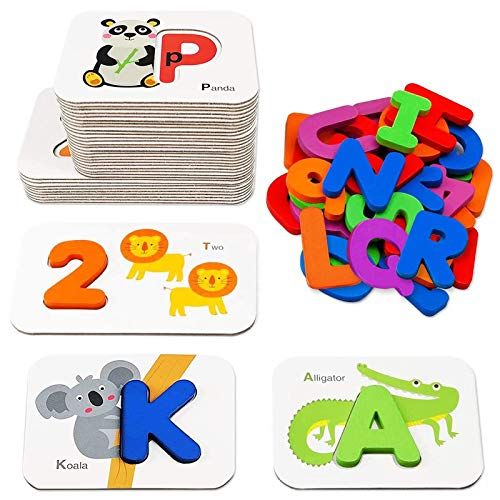  [아마존베스트]Berkshiled Number and Alphabet Flash Cards for Toddlers 2-4 Years, ABC Montessori Educational Toys Gifts for 2 3 4 year old Preschool Learning Activities Wooden Letters and Numbers Animal Puz