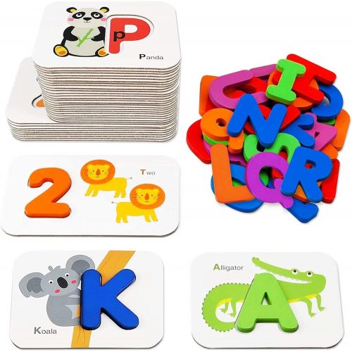  [아마존베스트]Berkshiled Number and Alphabet Flash Cards for Toddlers 2-4 Years, ABC Montessori Educational Toys Gifts for 2 3 4 year old Preschool Learning Activities Wooden Letters and Numbers Animal Puz