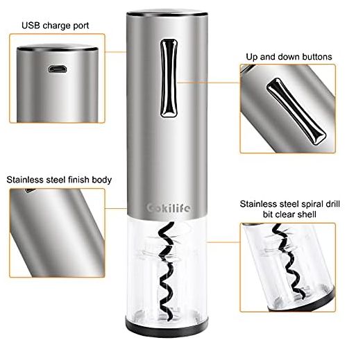  Gokilife Electric Wine Opener, Automatic Rechargeable Wine Bottle Corkscrew Opener with Foil Cutter, One-click Button Wine Bottle Openers with LED Light for Home Party Restaurant (