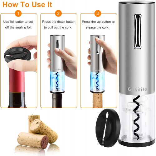  Gokilife Electric Wine Opener, Automatic Rechargeable Wine Bottle Corkscrew Opener with Foil Cutter, One-click Button Wine Bottle Openers with LED Light for Home Party Restaurant (