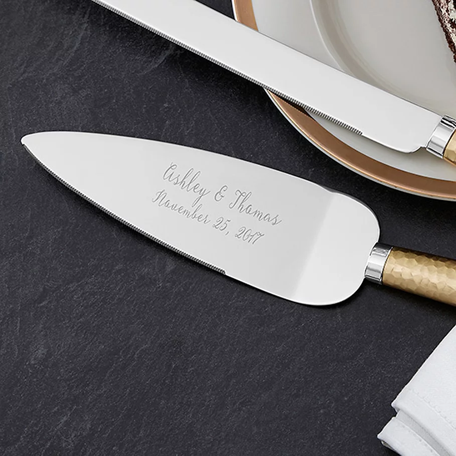  Gold Hammered Engraved Cake Knife and Server Set