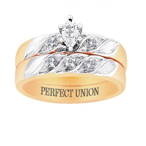  Gold over Sterling 2 Piece Diamond Engraved Perfect Union Bridal Set