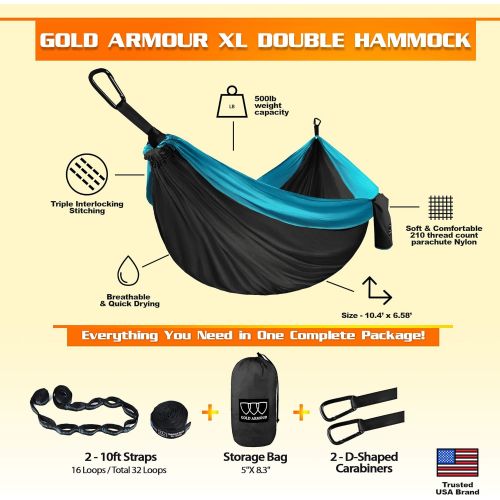  Gold Armour Camping Hammock - Extra Large Double Parachute Hammock (2 Tree Straps 32 Loops,20 ft Included) USA Brand Lightweight Nylon Adults Kids, Camping Accessories Gear