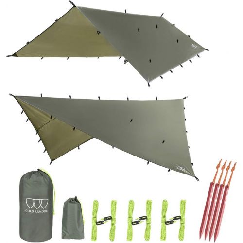  Gold Armour Rainfly Tarp Hammock, Premium 14.7ft/12ft/10ft/8ft Rain Fly Cover, Waterproof Ultralight Camping Shelter Canopy, Survival Equipment Gear Camping Tent Accessories (OD Gr