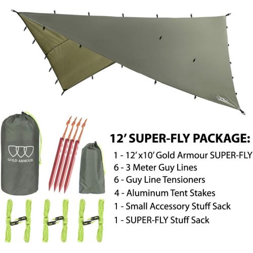  Gold Armour Rainfly Tarp Hammock, Premium 14.7ft/12ft/10ft/8ft Rain Fly Cover, Waterproof Ultralight Camping Shelter Canopy, Survival Equipment Gear Camping Tent Accessories (OD Gr