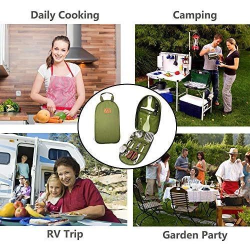  Gold Armour Camp Kitchen Utensil Organizer Travel Set Portable BBQ Camping Cookware Stainless Steel Utensils Travel Kit Outdoor Equipment Cutting Board Tongs Scissors Knife Ladle S