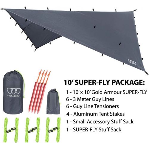  Gold Armour Rainfly Tarp Hammock, Premium 14.7ft/12ft/10ft/8ft Rain Fly Cover, Waterproof Ultralight Camping Shelter Canopy, Survival Equipment Gear Camping Tent Accessories (Gray