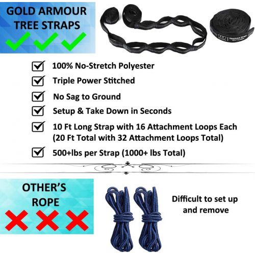  Gold Armour Camping Hammock - XL Double Hammock Portable Hammock Camping Accessories Gear for Outdoor Indoor with Tree Straps, USA Based Brand (Black and Gray)