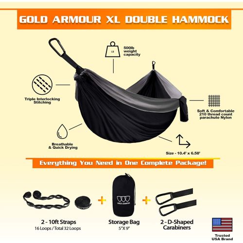  Gold Armour Camping Hammock - XL Double Hammock Portable Hammock Camping Accessories Gear for Outdoor Indoor with Tree Straps, USA Based Brand (Black and Gray)