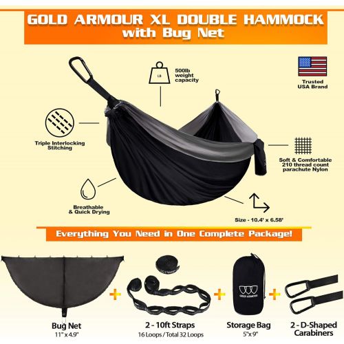  Gold Armour Camping Double Hammock with Bug Net - Double Hammock Mosquito Bug Net Set, USA Based Brand for Adults Kids, Essential Camping Accessories Equipment Gear (Black & Gray)