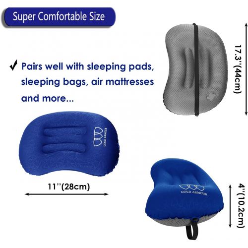  Gold Armour Inflatable Camping Pillow Backpacking Pillow Lightweight Travel Air Pillow Ultralight Ergonomic Pillow Portable for Airplanes with Neck & Lumbar Support (Blue)