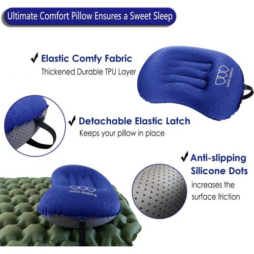  Gold Armour Inflatable Camping Pillow Backpacking Pillow Lightweight Travel Air Pillow Ultralight Ergonomic Pillow Portable for Airplanes with Neck & Lumbar Support (Blue)