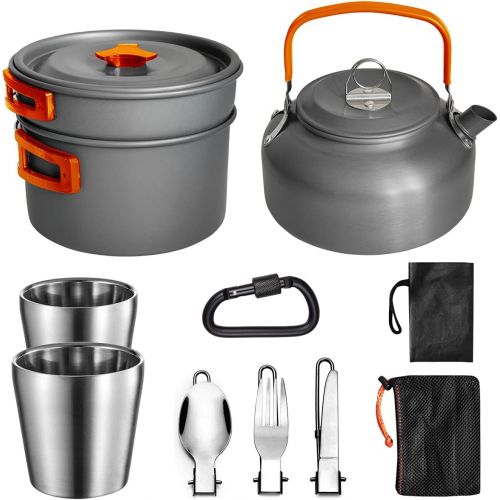  Gold Armour 10pcs Camping Cookware Mess Kit, Lightweight Pot Pan Kettle with 2 Cups, Fork Spoon Kit for Backpacking, Outdoor Camping Hiking and Picnic