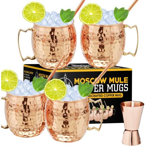  [아마존베스트]Gold Armour Moscow Mule Copper Mugs - Set of 4, 16 oz Copper Mug Cups, Great Gift Set with 4 Cocktail Copper Straws and Jigger