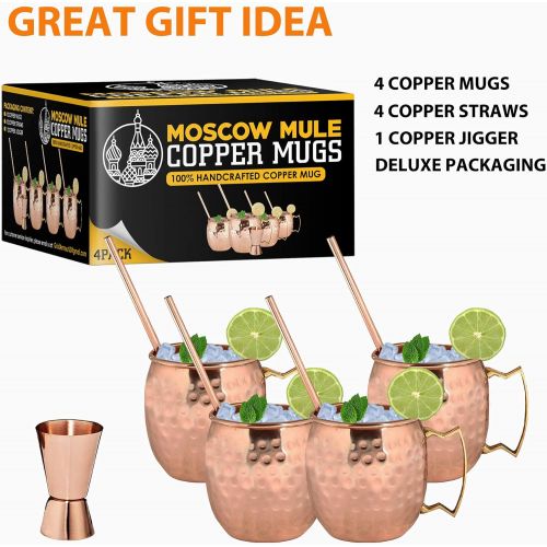  [아마존베스트]Gold Armour Moscow Mule Copper Mugs - Set of 4, 16 oz Copper Mug Cups, Great Gift Set with 4 Cocktail Copper Straws and Jigger