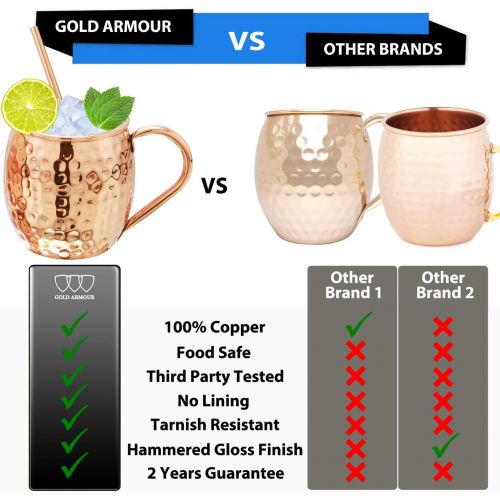  [아마존베스트]Gold Armour Moscow Mule Copper Mugs - Set of 4-100% Handcrafted - Food Safe Pure Solid Copper Mugs - 16 oz Gift Set with Bonus: Highest Quality Cocktail Copper Straws and Jigger