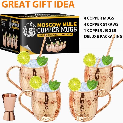  [아마존베스트]Gold Armour Moscow Mule Copper Mugs - Set of 4-100% Handcrafted - Food Safe Pure Solid Copper Mugs - 16 oz Gift Set with Bonus: Highest Quality Cocktail Copper Straws and Jigger