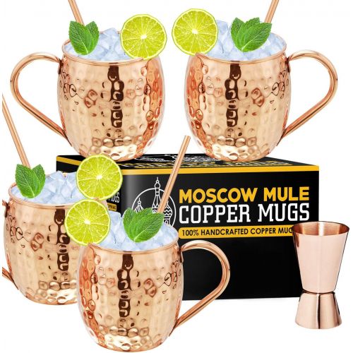  [아마존베스트]Gold Armour Moscow Mule Copper Mugs - Set of 4-100% Handcrafted - Food Safe Pure Solid Copper Mugs - 16 oz Gift Set with Bonus: Highest Quality Cocktail Copper Straws and Jigger