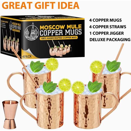  [아마존베스트]Gold Armour Moscow Mule Copper Mugs - Set of 4, 100% Handcrafted Pure Solid 16 oz Copper Mugs - Gift Set With Cocktail Copper Straws and Jigger