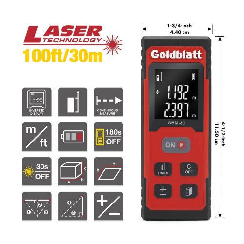  Goldblatt Goldbaltt Laser Measure - 100Ft Digital Tape Measurement for Distance Area Volume Pythagorean Calculation, Batteries Included