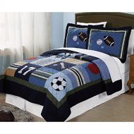 Golden Boys Blue Sports Theme Quilt Twin 2 Piece Set, Stylish Kids Square Stripe Patchwork Sport Bedding, All Over Baseball Basketball Soccer Ball Football Team Printed Pattern, Red Blue