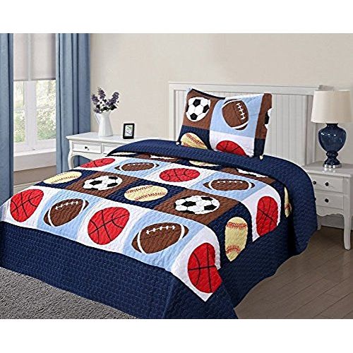  [아마존베스트]Goldenlinens Twin Size 2 Pcs Quilt Bedspread Set Kids Sports Basketball Football Baseball Boys Girls