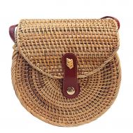 GoldenChuan Womens handmade rattan woven snap pin display pattern fresh style round portable Messenger bag handmade