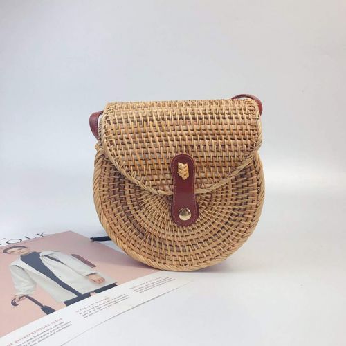  GoldenChuan Womens handmade rattan woven snap pin display pattern fresh style round portable Messenger bag handmade