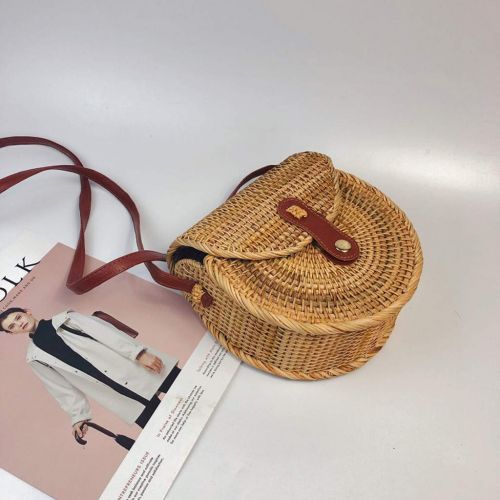  GoldenChuan Womens handmade rattan woven snap pin display pattern fresh style round portable Messenger bag handmade