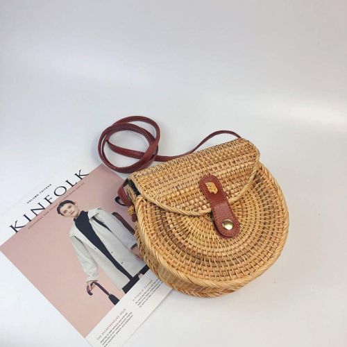  GoldenChuan Womens handmade rattan woven snap pin display pattern fresh style round portable Messenger bag handmade