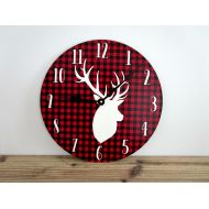 GoldenDaysDesigns Red Plaid Wall Clock with Deer Head, Rustic Fall or Winter Decor