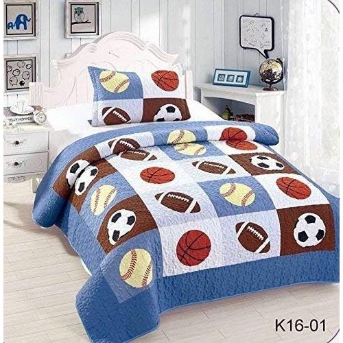  [아마존베스트]Goldenlinens Golden Linens Twin Size Kids Bedspread Quilts for Teens Boys Printed Bedding Coverlet Sport American Football Basketball Baseball Multi color Light blue, Orange Light Brown #Twin 1