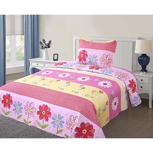  [아마존베스트]Goldenlinens Golden Linens Twin Size(1 Quilt, 1 Sham) Pink Light Pink Yellow Floral Kids Teens/Girls Quilt Bedspread 06-16 Girls